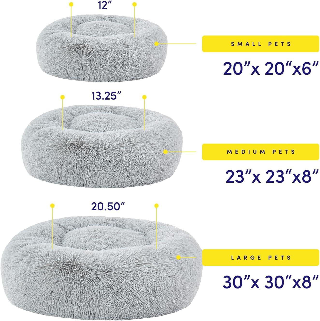 Dog & Cat Bed: Round Faux Fur Pet Bed - Plush, Cozy, & Calming Donut Bed for Medium Pets - Soft & Comfortable Sleeping Cushion for Napping & Lounging, 23" Round, Silver