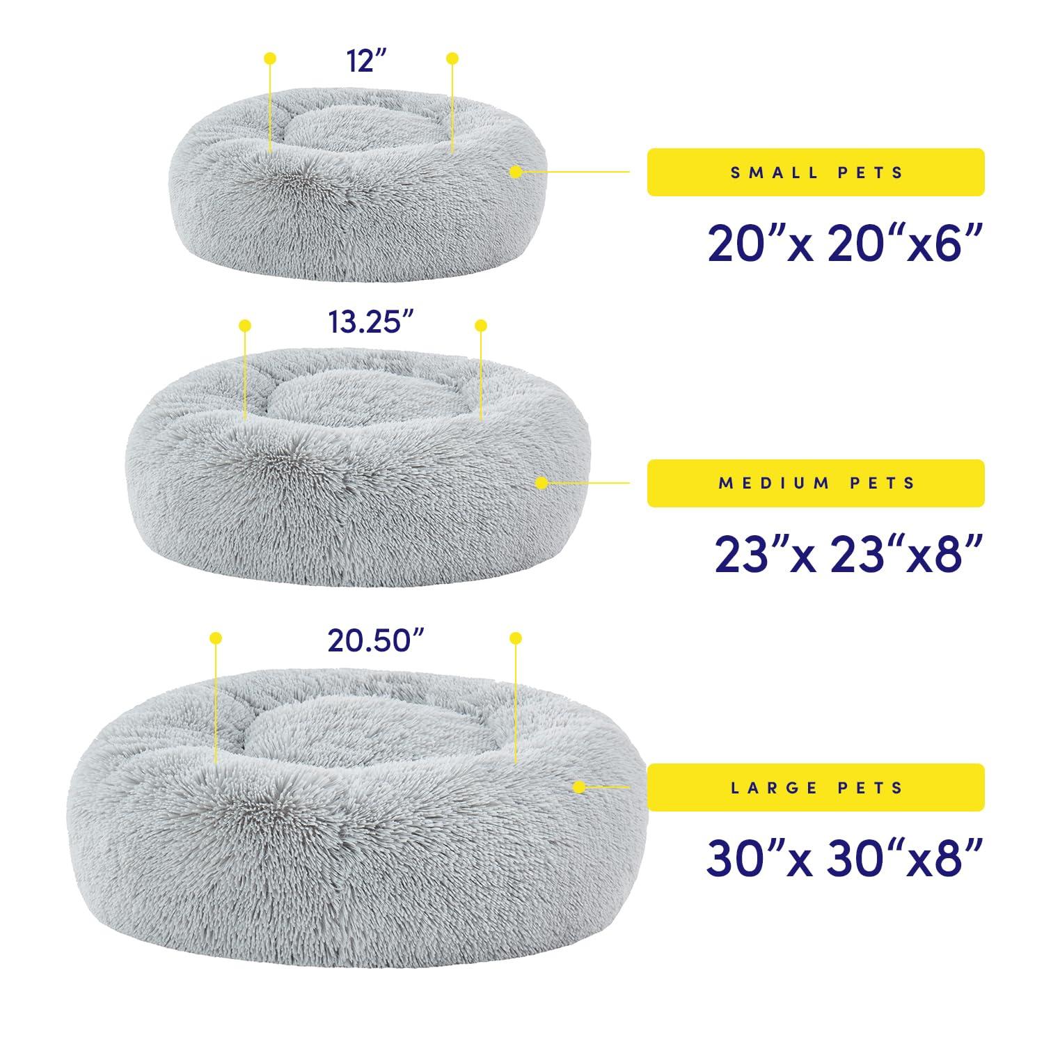 Dog & Cat Bed: Round Faux Fur Pet Bed - Plush, Cozy, & Calming Donut Bed for Medium Pets - Soft & Comfortable Sleeping Cushion for Napping & Lounging, 23" Round, Silver