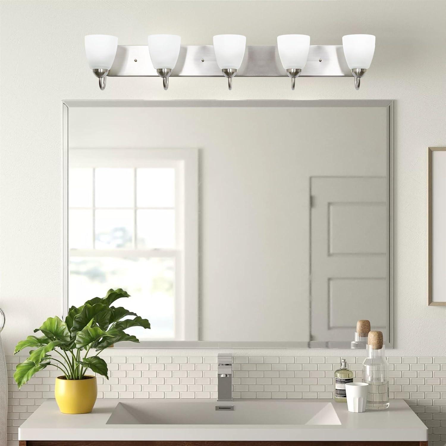 Kira Home Armada 37" 5-Light Over Mirror / Bathroom Light, Frosted Glass Shades, Curved Arms, Brushed Nickel