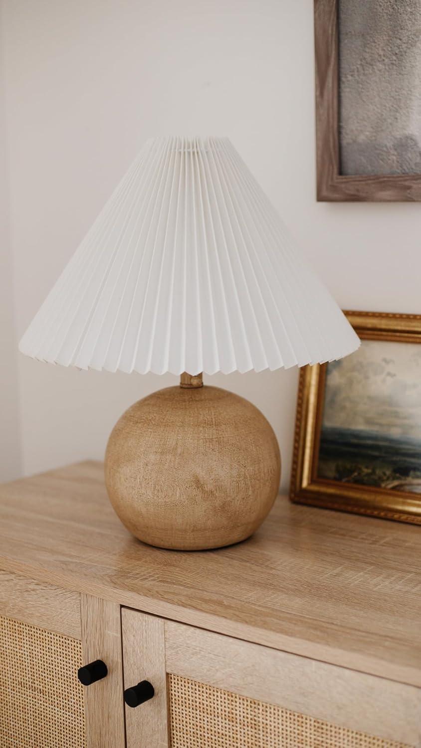 Beige Wood Finish Round Resin Bedside Table Lamp with Linen Shade