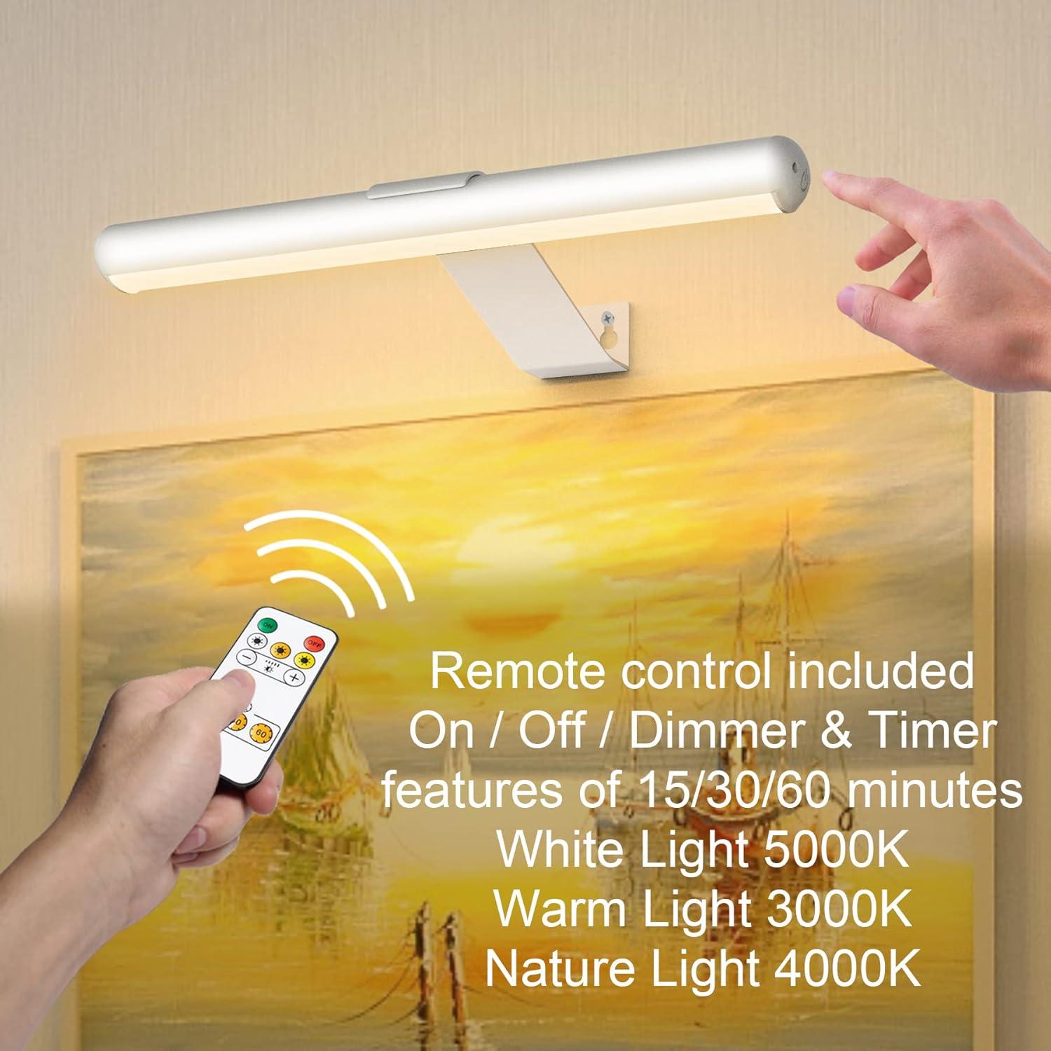 Led Picture Light Wireless Rechargeable Battery,Painting Light with Remote,Accent Display Art Light with 3 Lighting,Brightness Dimmable and Timer Set, Highlight for artwork Dartboard Gallary