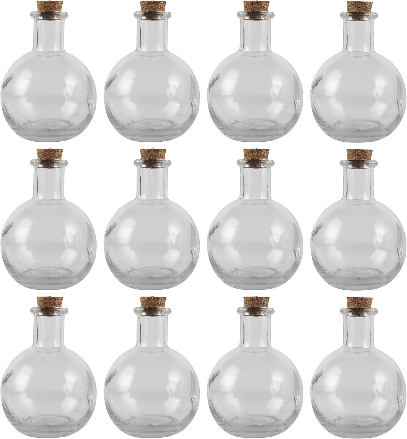 Clear Round Glass Bottles with Cork Stoppers, 5 oz, Set of 12