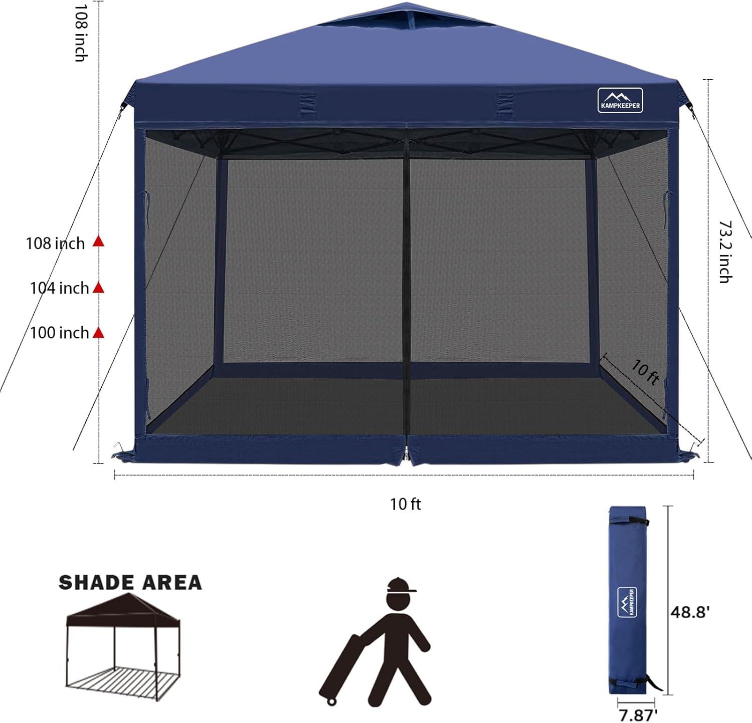 KAMPKEEPER 10x10 Pop Up Canopy Tent with Mosquito Netting - Waterproof Screen Shelter for Sun Shade, Camping, Beach and Outdoor Events, Navy Blue