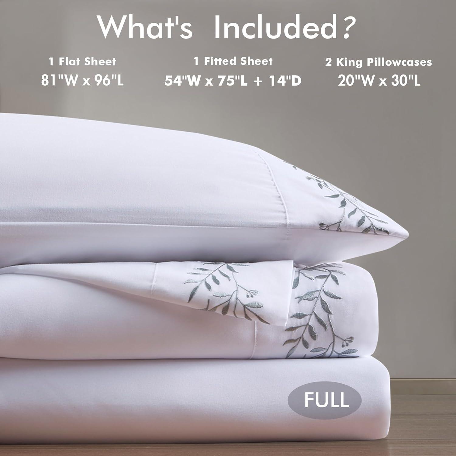 Madison Park Soft Brushed Microfiber Sheets Set, Elegant Embroidery Hem Design, Premium 14" Elastic Pocket Fits up to 16" Mattress, All Season Bedding & Pillowcases, Full Green Vine 4 Piece