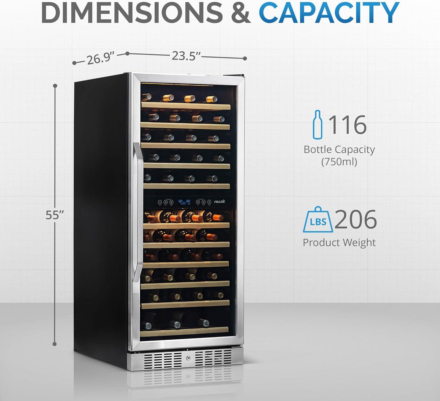 The Connoisseurs Reserve 24" 116 Bottle Wine Refrigerator Built-in or Freestanding Dual Zone in Stainless Steel