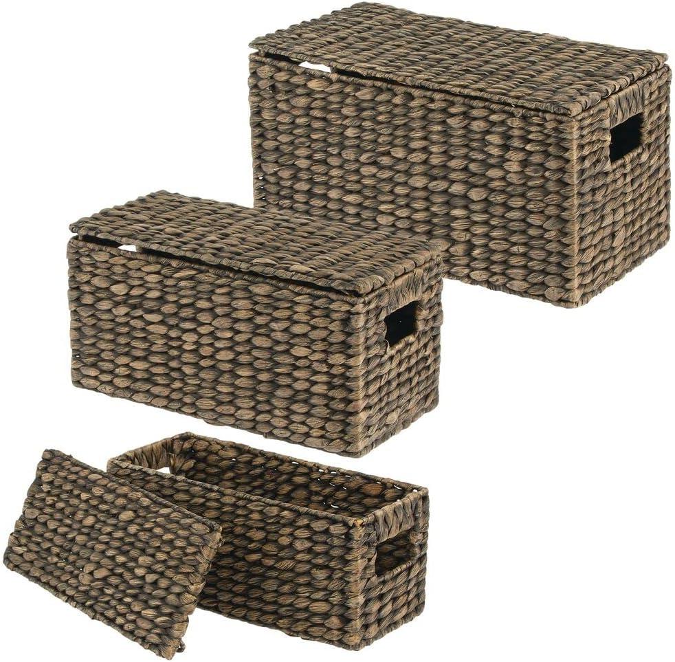 mDesign Woven Water Hyacinth Storage Basket, Lid/Handles, Set of 3