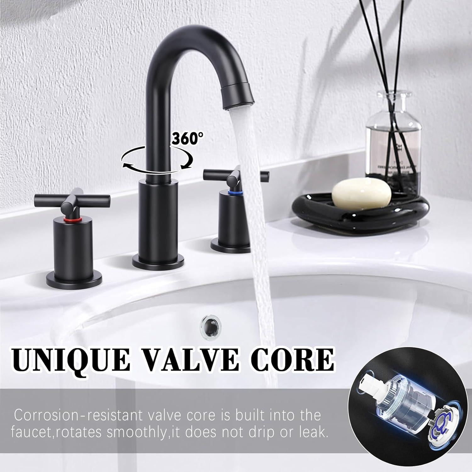 Bathroom faucet 3-hole, 8-inch wide bathroom faucet, pop-up drain, bathroom sink faucet, 360° rotating spout, 2-handle vanity faucet, water supply hose