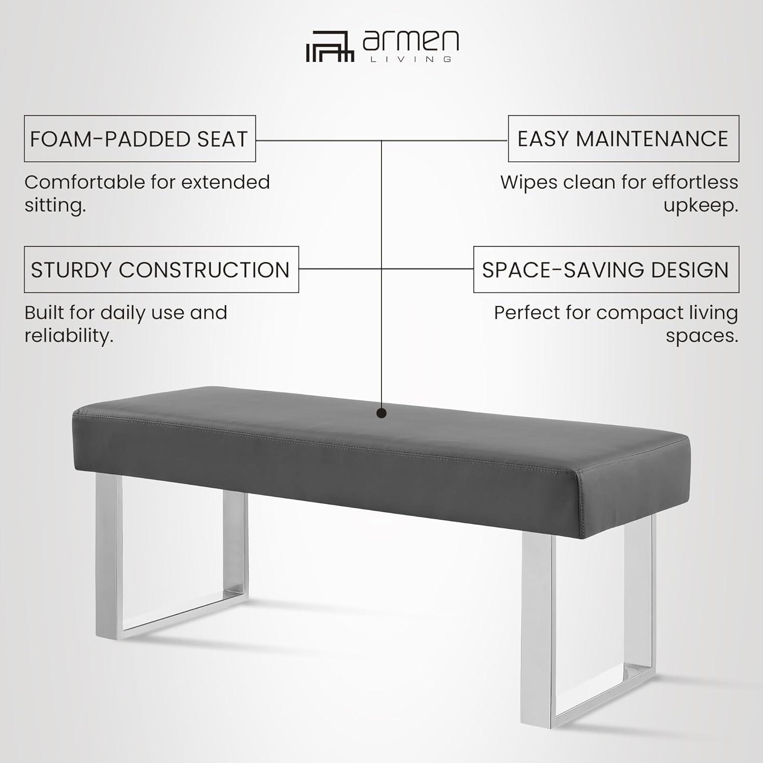 Amanda 48'' Gray Faux Leather and Chrome Bench