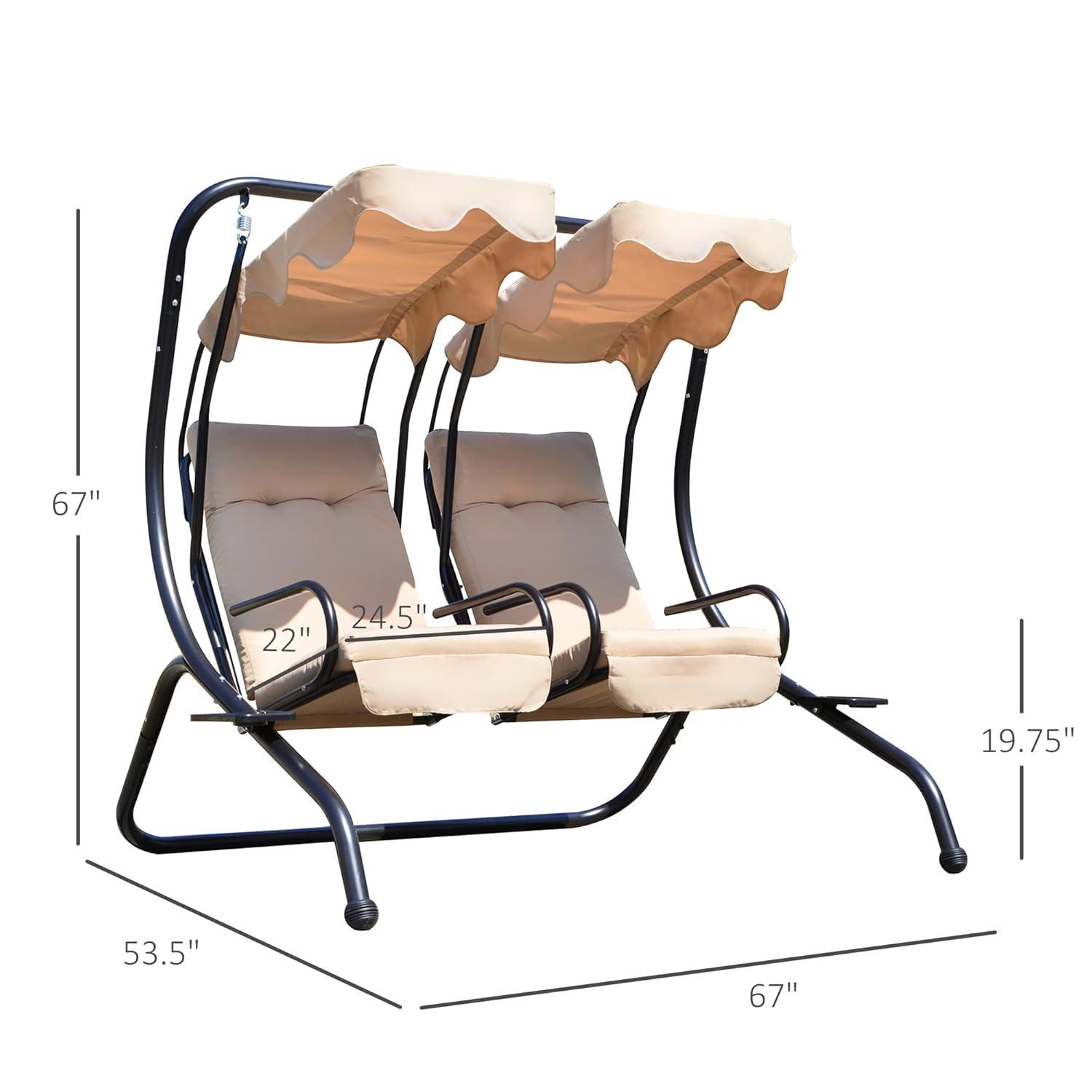 Outsunny Modern 2-Seater Outdoor Patio Swing Chair, Porch Seats with Cup Holder and Removeable Canopy, Beige