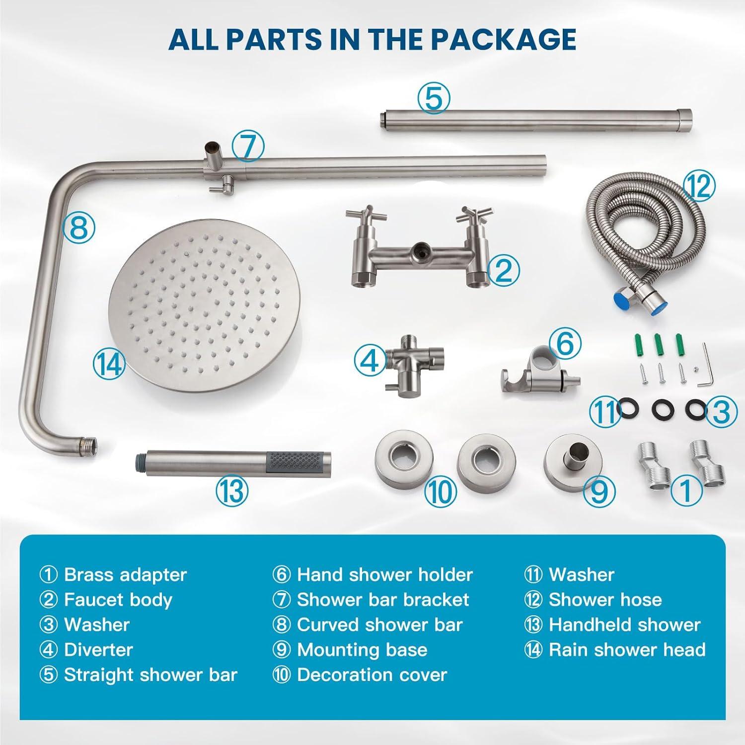 gotonovo SUS304 Outdoor Shower Fixture High Pressure Shower System Combo Wall Mount 2 Dual Function Shower Faucet Set Round Handheld Spray Brushed Nickel Single Handle