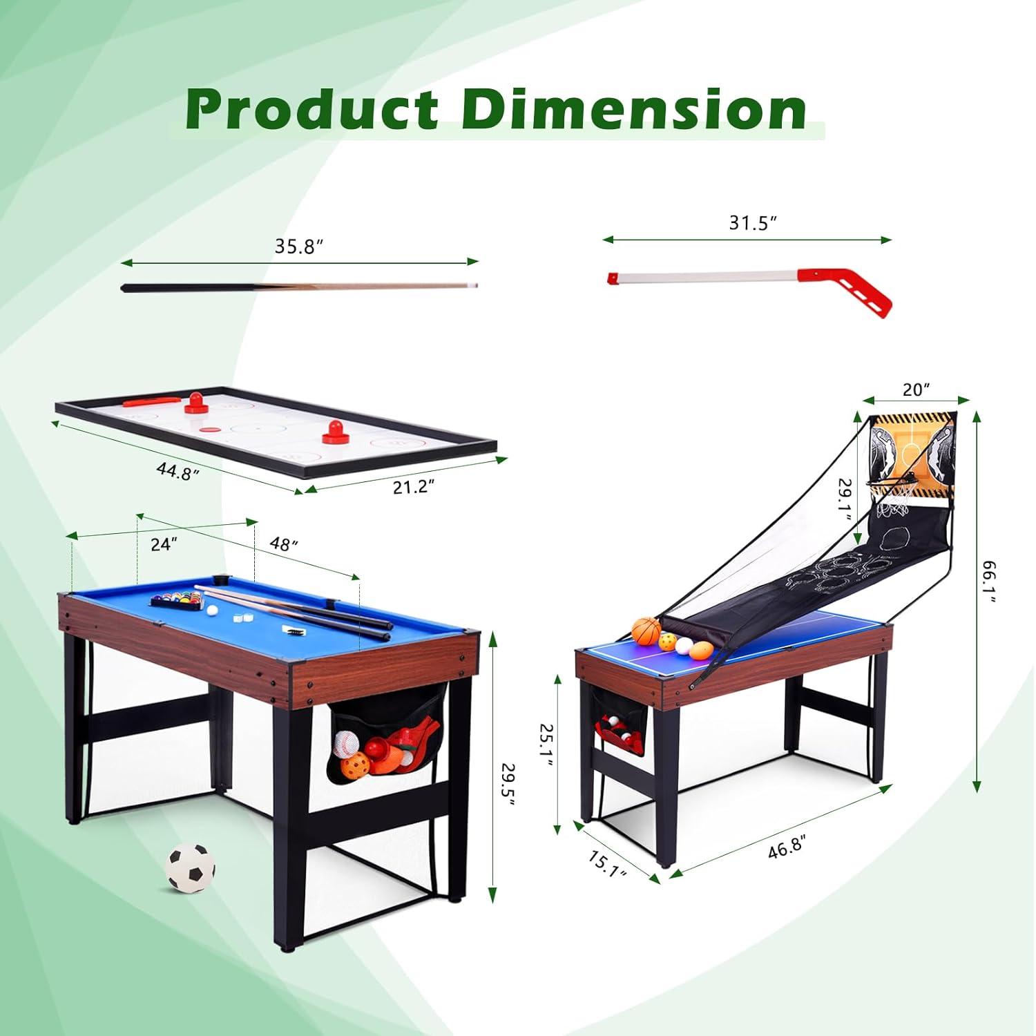 48" Multi Game Table, 9 in 1 Combo Game Table, Arcade Combination Game Table Set w/Billiards, Ping Pong, Hockey, Basketball, Bean Bag and Foosball for Adult, Kids, Home,Game Room