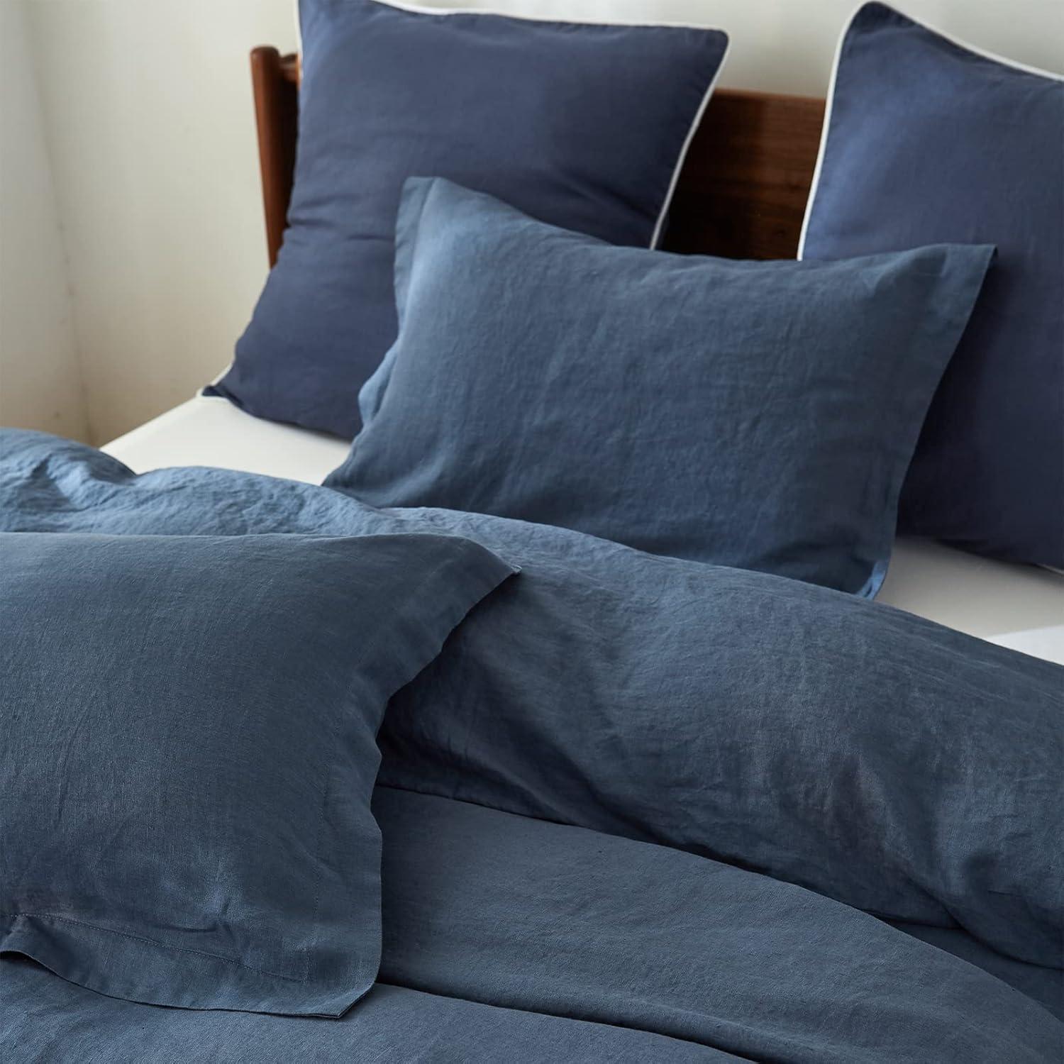 Simple&Opulence 100% French Linen Pillowcase Queen Size-Set of 2- Washed Solid Color Pillow Cases Embroidered -Soft and Durable (Linen, 20''x30'')