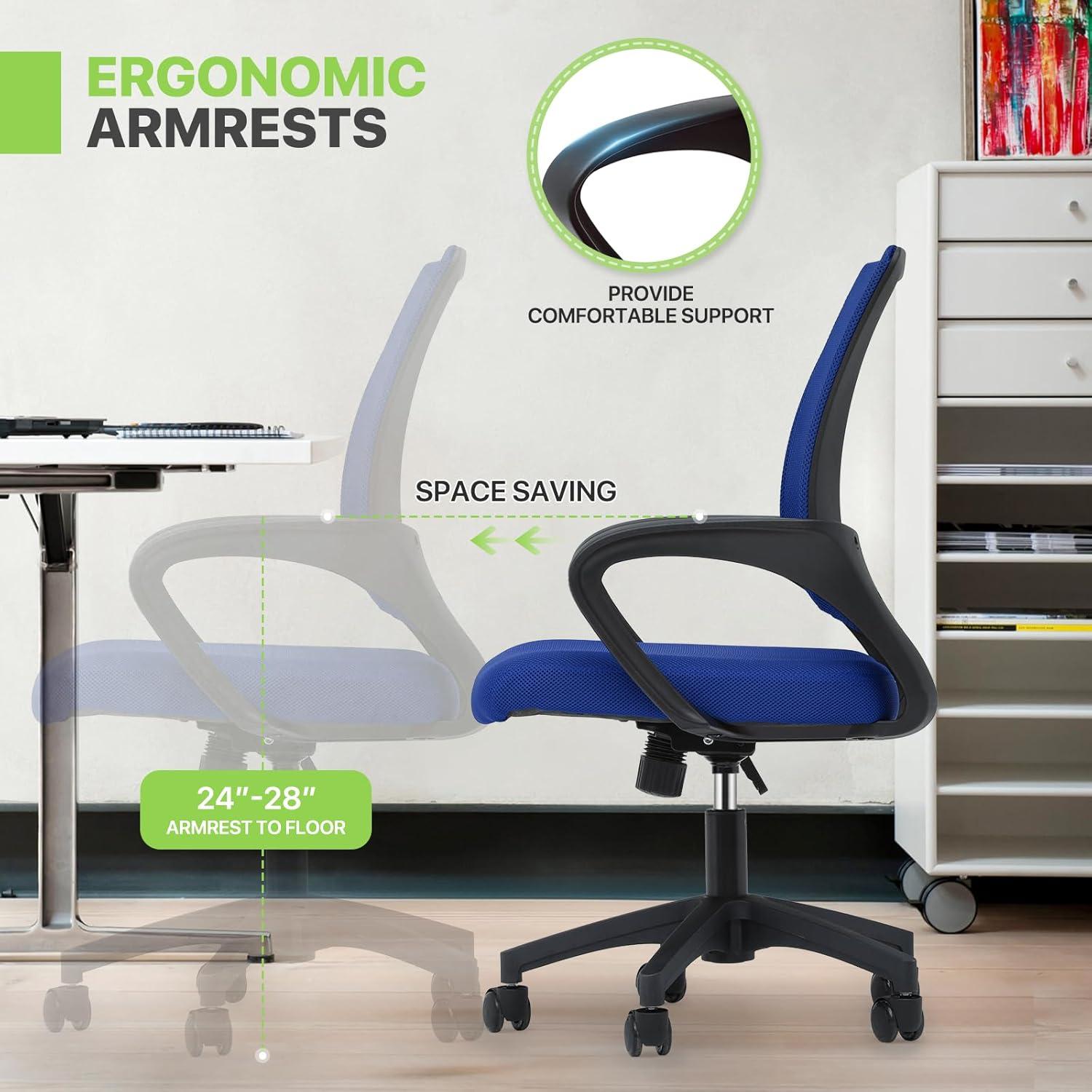 Magshion Set of 2 Office Chairs Mid Back Swivel Desk Chairs, Height Adjustable Ergonomic Mesh Computer Chairs with Armrest & Lumbar Support, Navy Blue