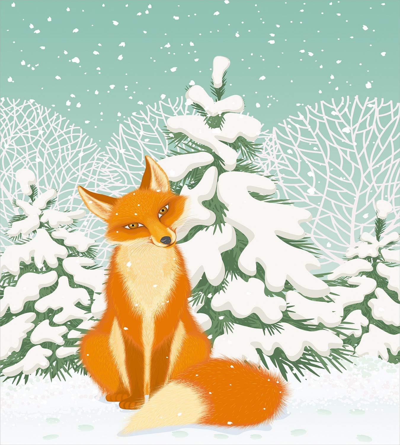 Fox Duvet Cover Set Queen Size, Red Fox Sitting in Winter Forest Snow Covered Pine Trees Xmas Cartoon, Decorative 3 Piece Bedding Set with 2 Pillow Shams, Orange White Almond Green, by Ambesonne