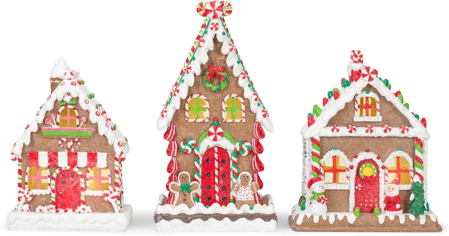 Mark Feldstein & Associates Gingerbread Village Red 8 inch Porcelain Holiday Tea Light Figurines Set of 3