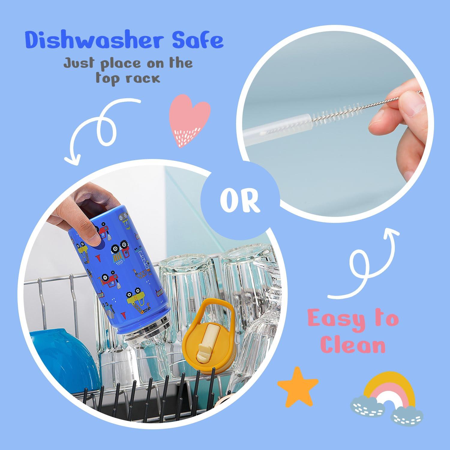 Buzio Insulated Water Bottle with Straw for Kids, 2 Lids Double Vacuum Metal Water Bottle, 14 Ounce, Blue Shark