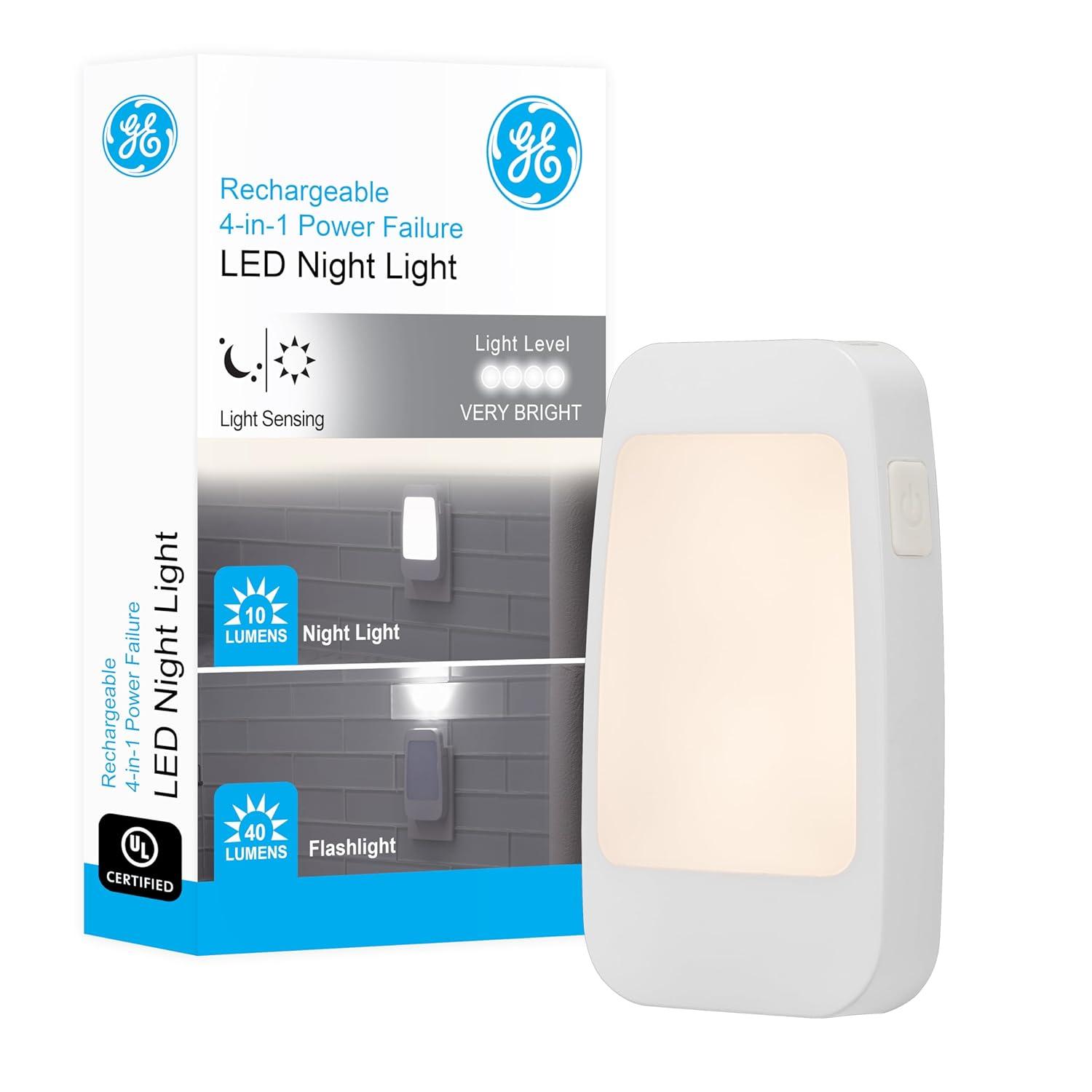 GE 4-in-1 Power Failure LED Night Light, Plug-in, Light Sensing, Rechargeable