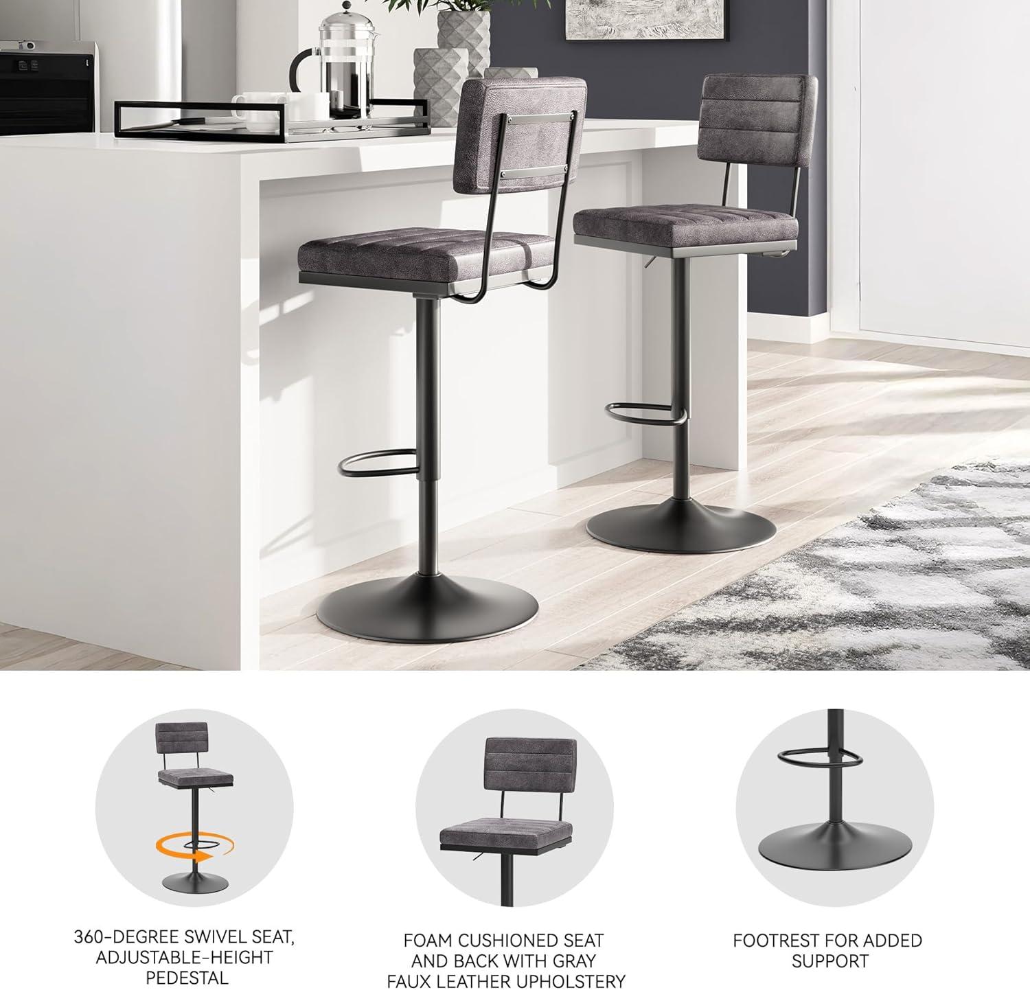 Gray Faux Leather Adjustable Swivel Bar Stools with Black Metal Base, Set of 2