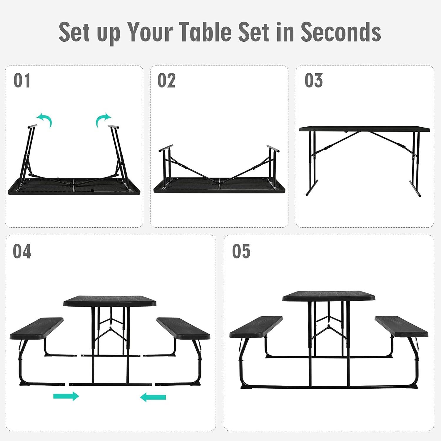 Black Folding Picnic Table Bench Set with Wood-Like Texture