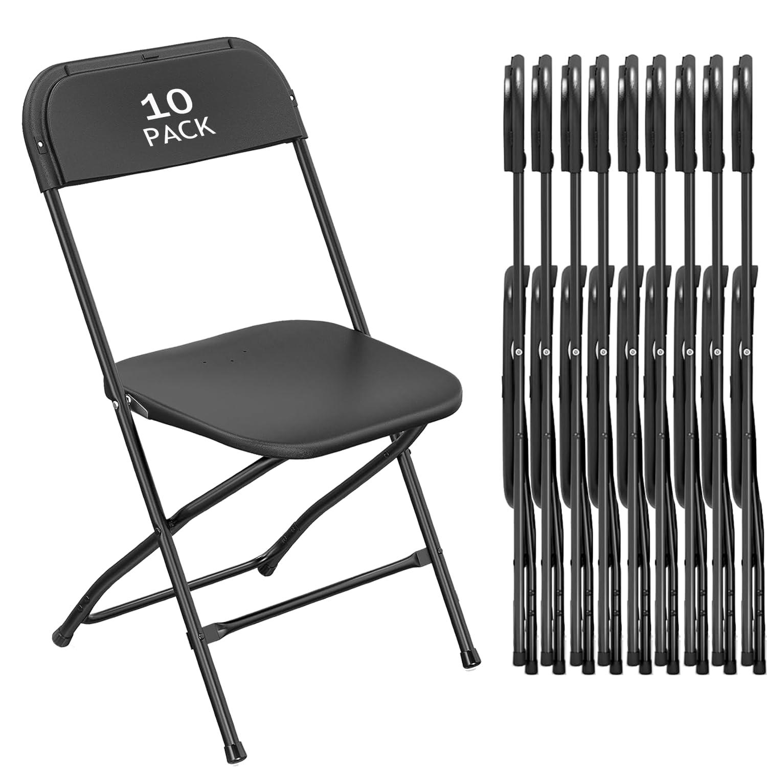 10 Pack Black Plastic Folding Chair for Indoor Outdoor, 350 lb Capacity, Foldable Commercial Stacking Chairs with Steel Frame for Office Wedding Party Events