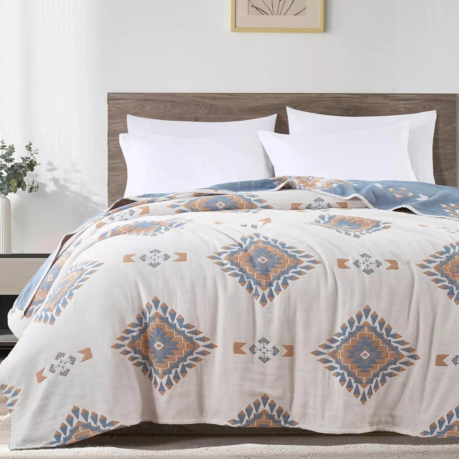 Chezmoi Collection Ezra Jacquard Woven Lightweight 4-Layer Reversible Cotton Thin Blanket