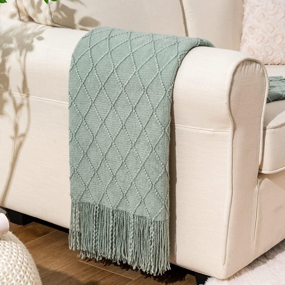 Light Blue Diamond Knit Acrylic Throw Blanket with Fringe, 50"x60"