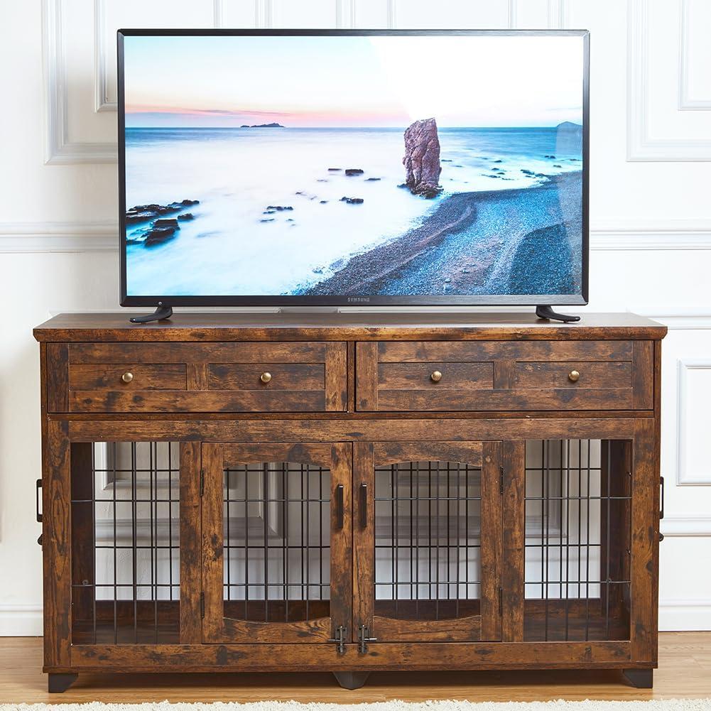 Dog Crate Furniture with 5 Doors, 58" Wooden Dog Kennel End Table with Large Capacity Drawers, Dog House with Openable Divider for Small/Medium/Large Dog,Dog Cage,Side End Table,Rustic Brown