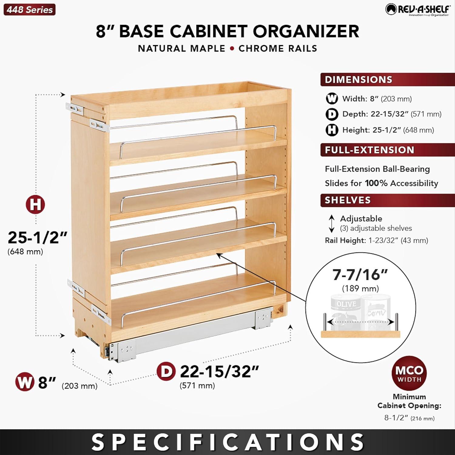 Rev-A-Shelf Pull Out Kitchen Cabinet Storage Organizer Spice Rack w/3 Adjustable Sliding Wood Shelves, Chrome Rails, & 100lb Capacity