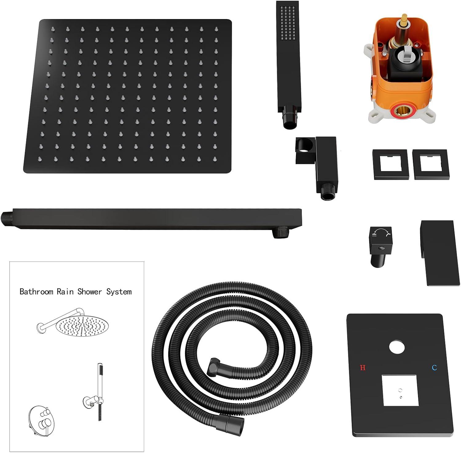 Bathroom Shower Faucet Set, 12 Inch Rainfall Shower Head With Handheld Combo, Wall Mounted Shower System Shower Fixtures With Pressure-Balanced Valve,