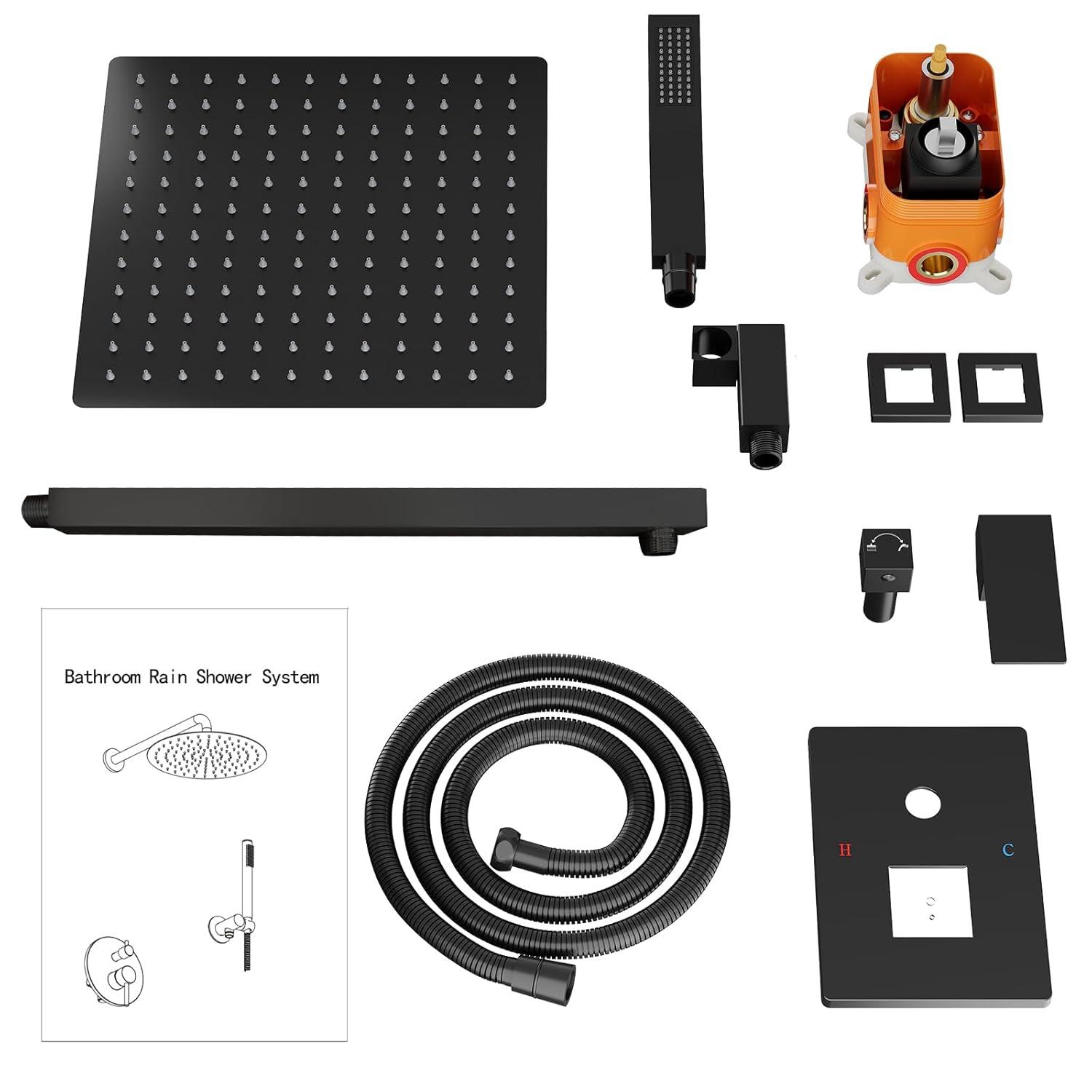 Bathroom Shower Faucet Set, 12 Inch Rainfall Shower Head With Handheld Combo, Wall Mounted Shower System Shower Fixtures With Pressure-Balanced Valve,