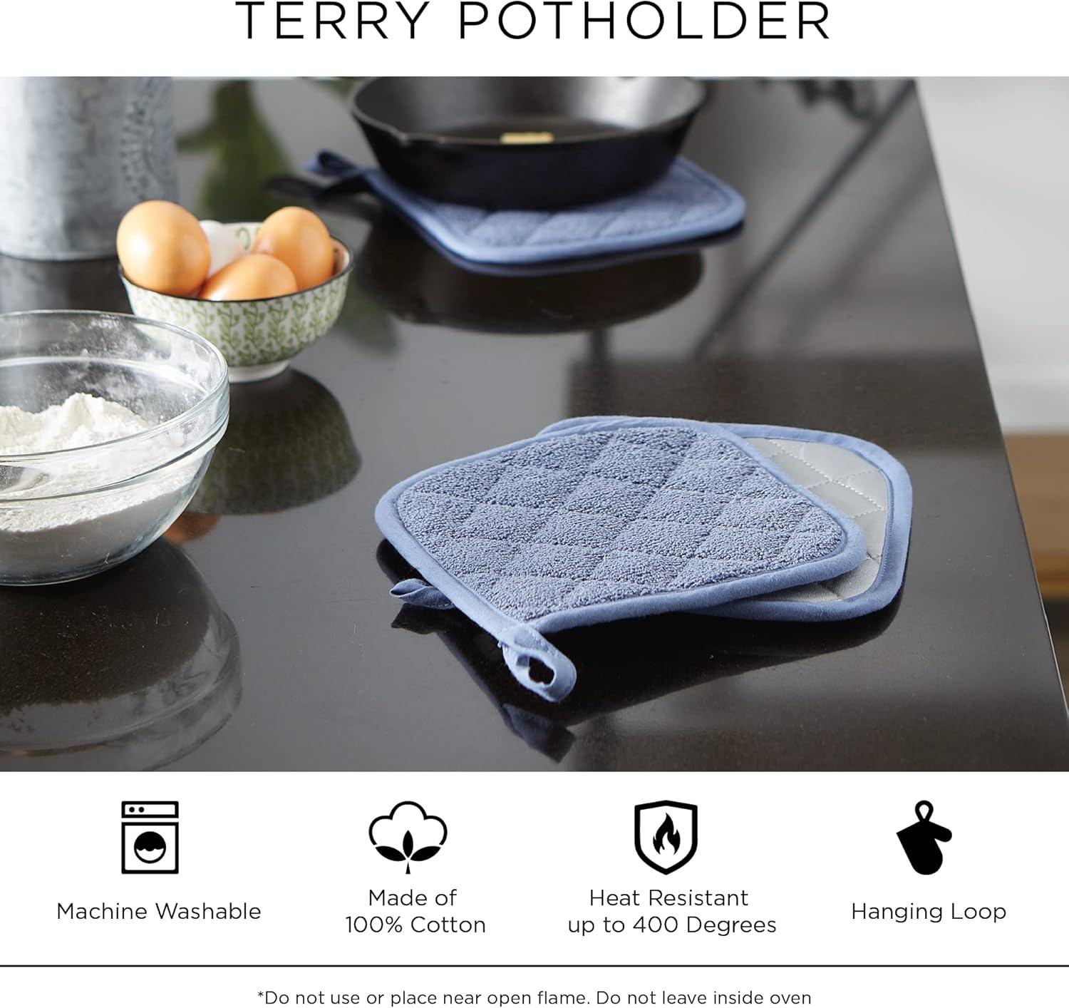 3Pcs 100% Cotton Basic Terry Collection Quilted，Pot Holder for Cooking and Baking, 7 x 7 inch