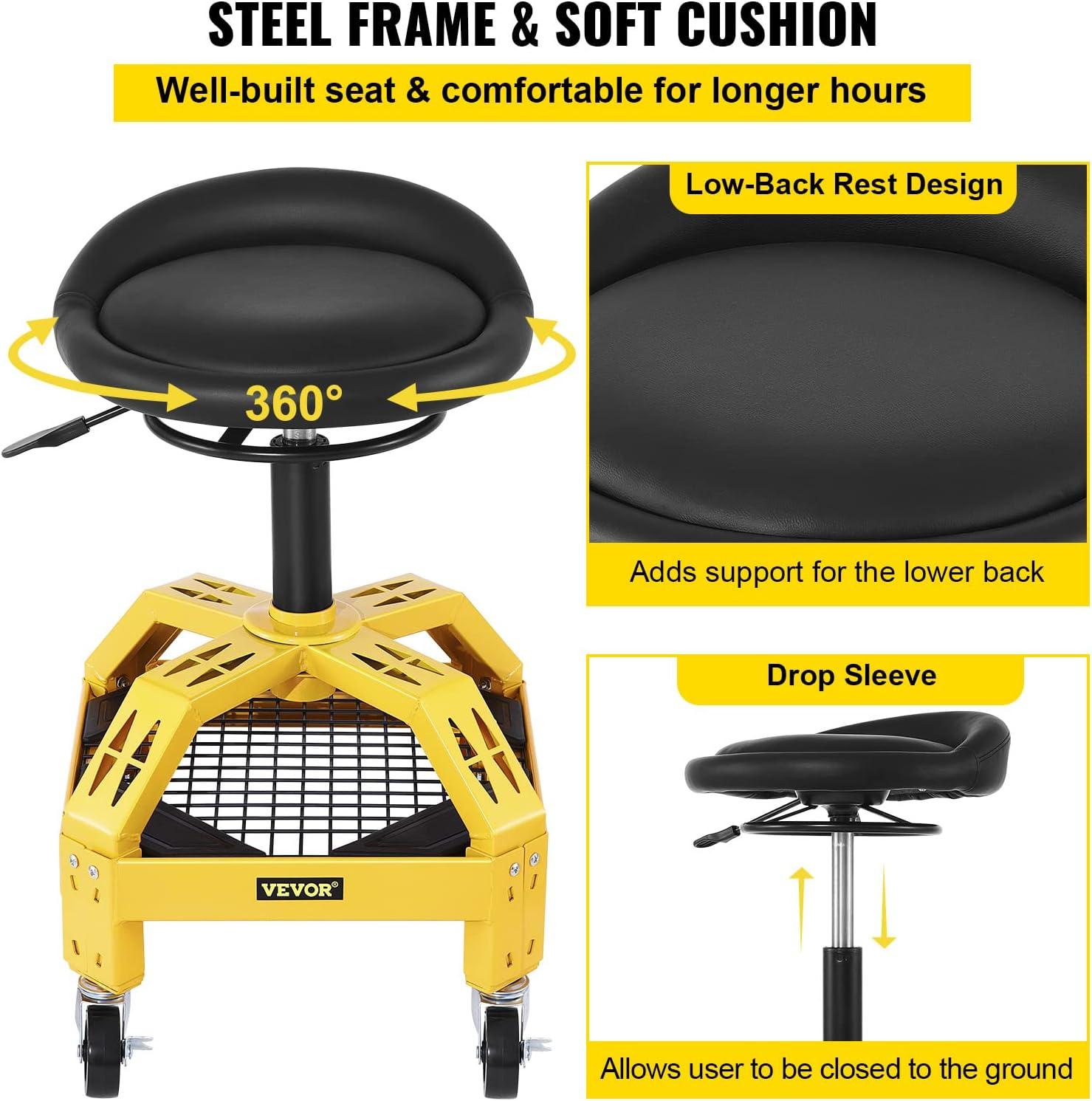 VEVORbrand Rolling Garage Stool, 300lbs Capacity, Adjustable Height from 24 in to 28.7 in, Mechanic Seat with 360-Degree Swivel Wheels and Tool Tray, for Workshop, Auto Repair Shop, Yellow