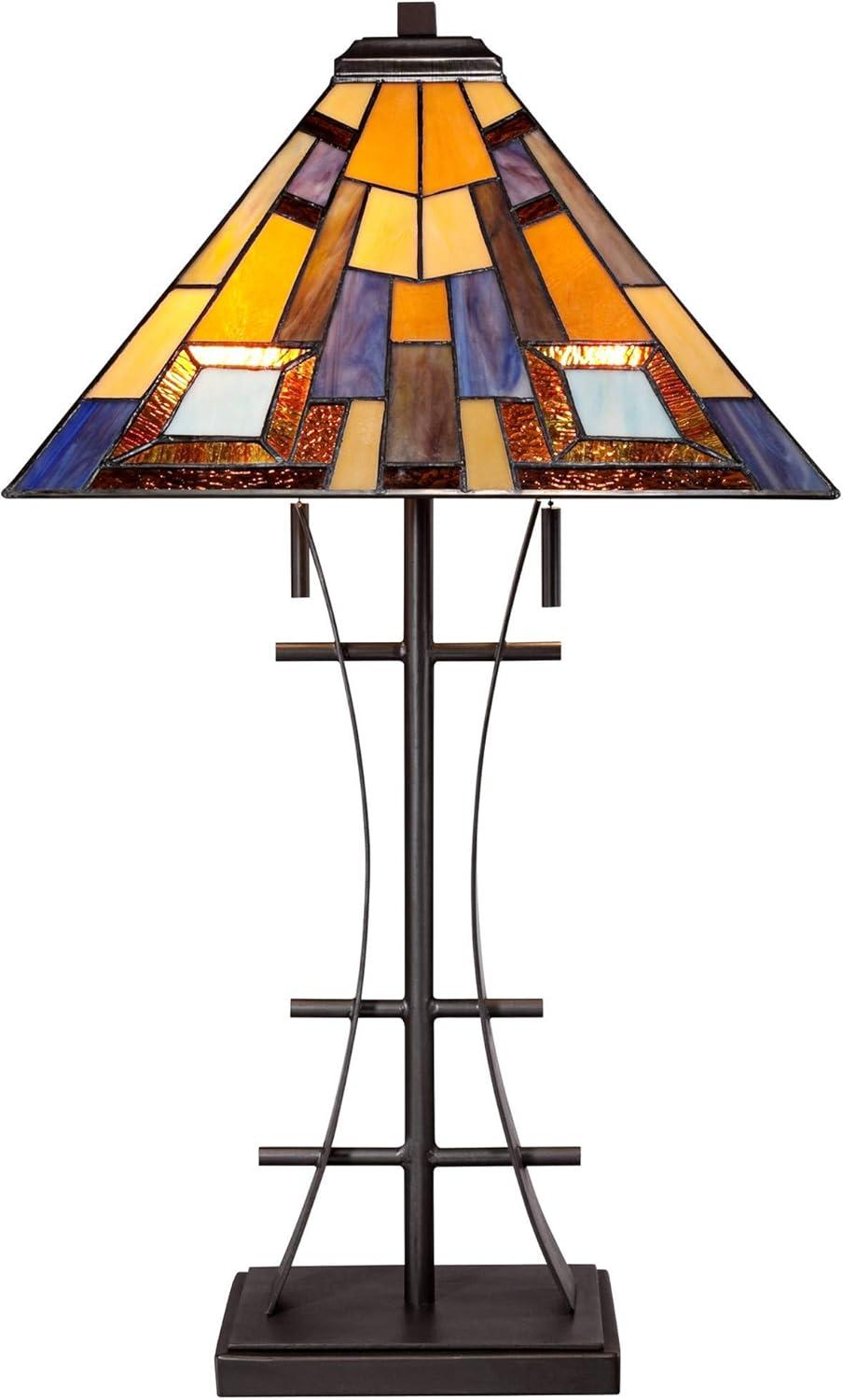 Robert Louis Tiffany Jewel Tone Mission Table Lamp 27" Tall Iron Bronze Geometric Stained Glass Art Shade for Bedroom Living Room Bedside Nightstand