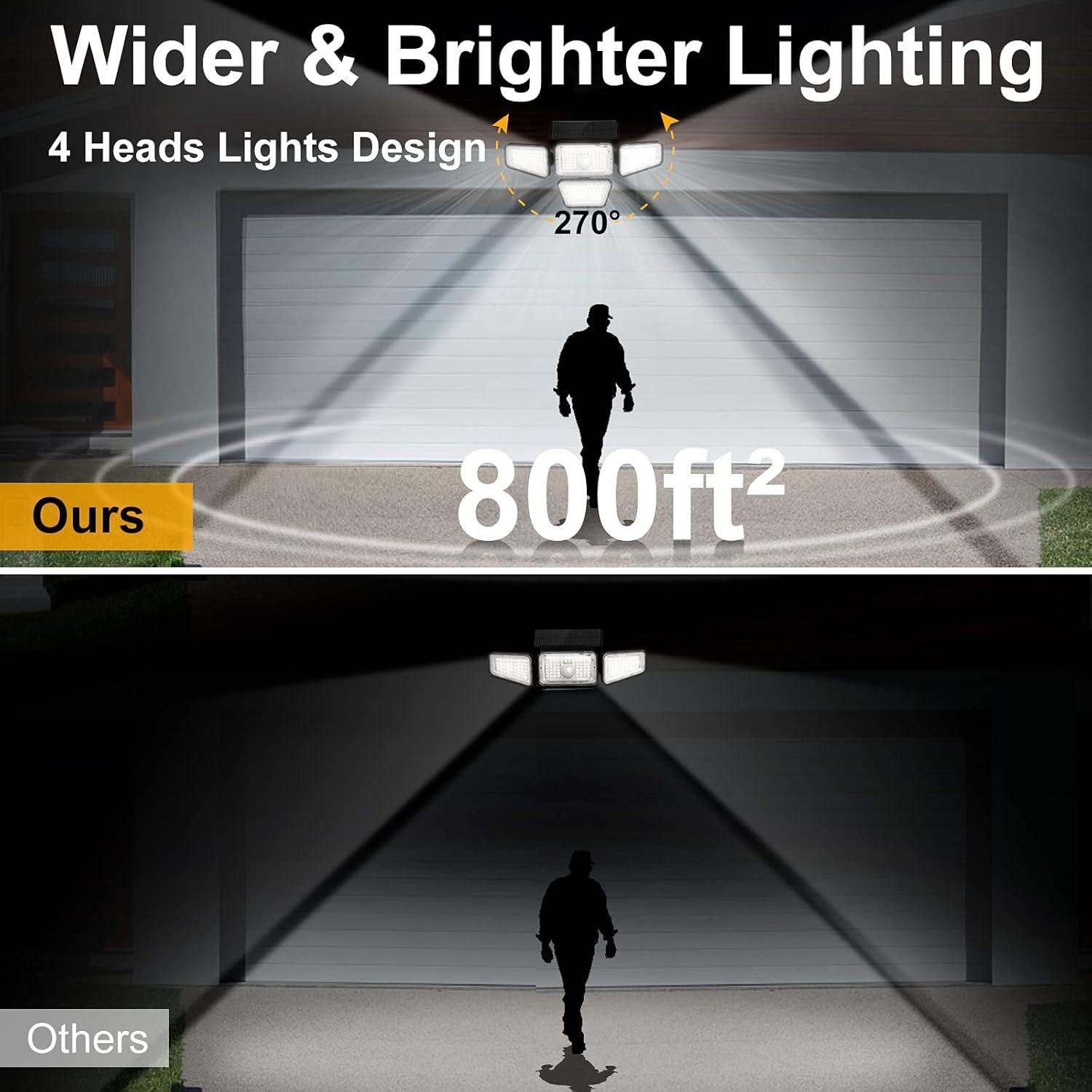 Solar Lights Outdoor, 270 LED 3000LM Motion Sensor Light, IP65 Waterproof 4 Heads 3 Modes 330°Wide Angle 6500K Solar Powered Security LED Wireless Flood Lights Luces Solares para Exteriores (2 Pack)