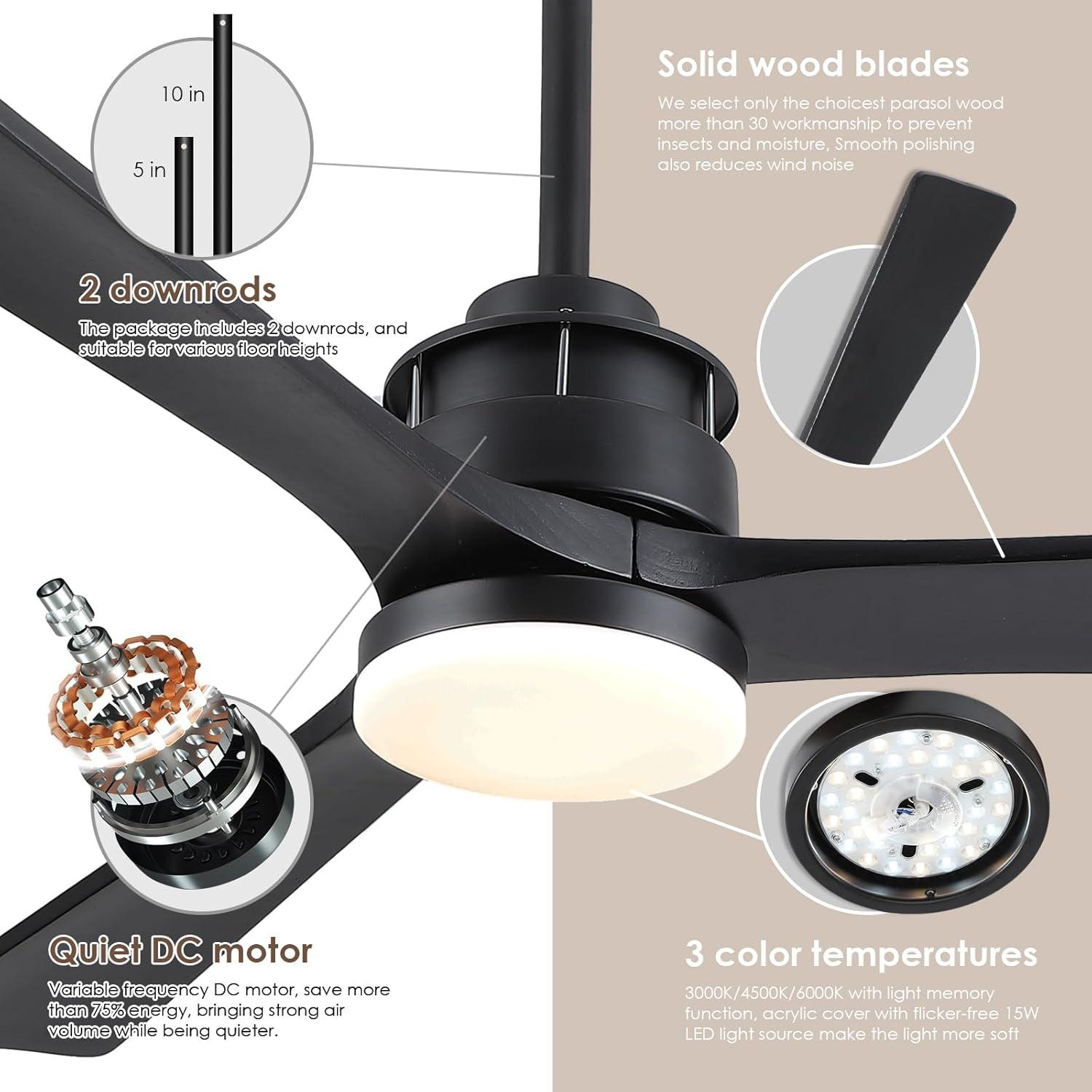 60" Black Modern Ceiling Fan with Wooden Blades and LED Light