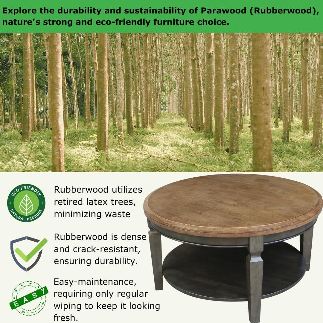 Vista Round Coffee Table Hickory Brown - International Concepts: Solid Wood, Mid-Century Modern, Fixed Shelf
