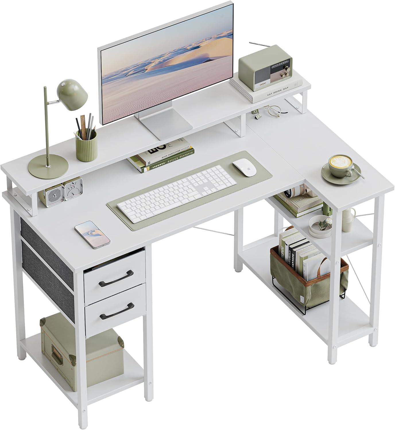 ODK 47 Inch Compact L Shaped Desk for Apartment, Living Room, Bedroom, or Office with Storage Shelves, Headphone Hook, and Monitor Stand