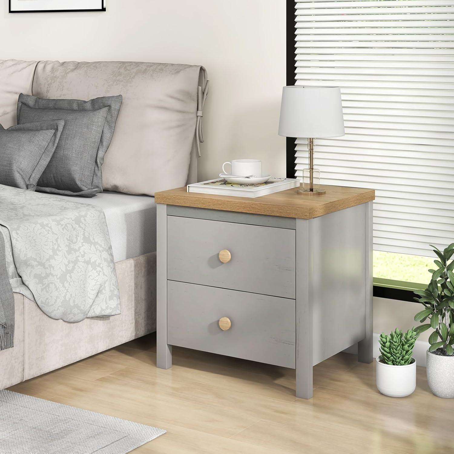 Giantex Night Stand with 2 Drawers, Farmhouse Bedside Table with Cute Round Knobs, Wooden Floor End Table with Rubber Wood Legs, Small Sofa Side Table for Small Space Kids Bedroom College, Grey