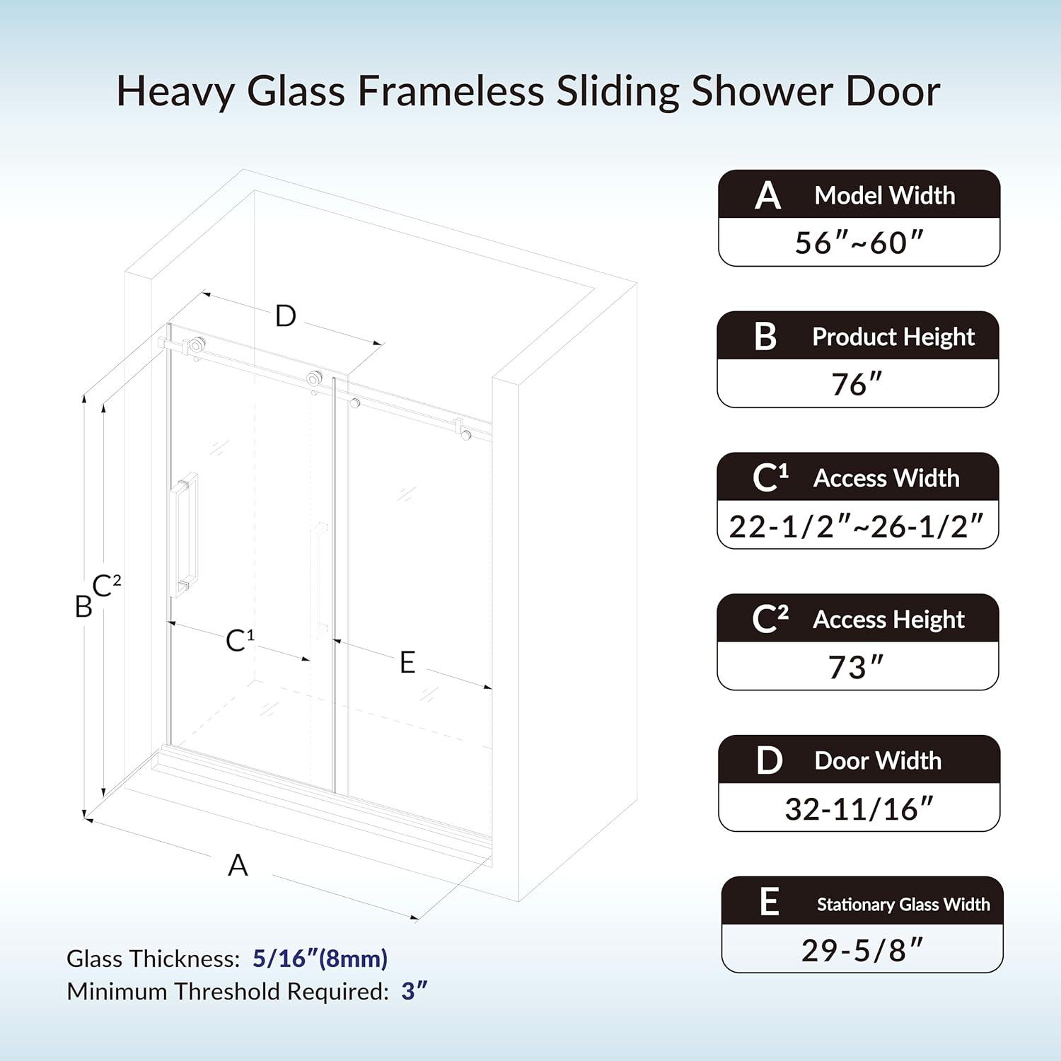 WoodBridge Semi-Frameless Single Sliding Shower Doors, 56-60" W X 76" H With 5/16" Clear Tempered Glass And Explosion-Proof Film MSDF6076-C