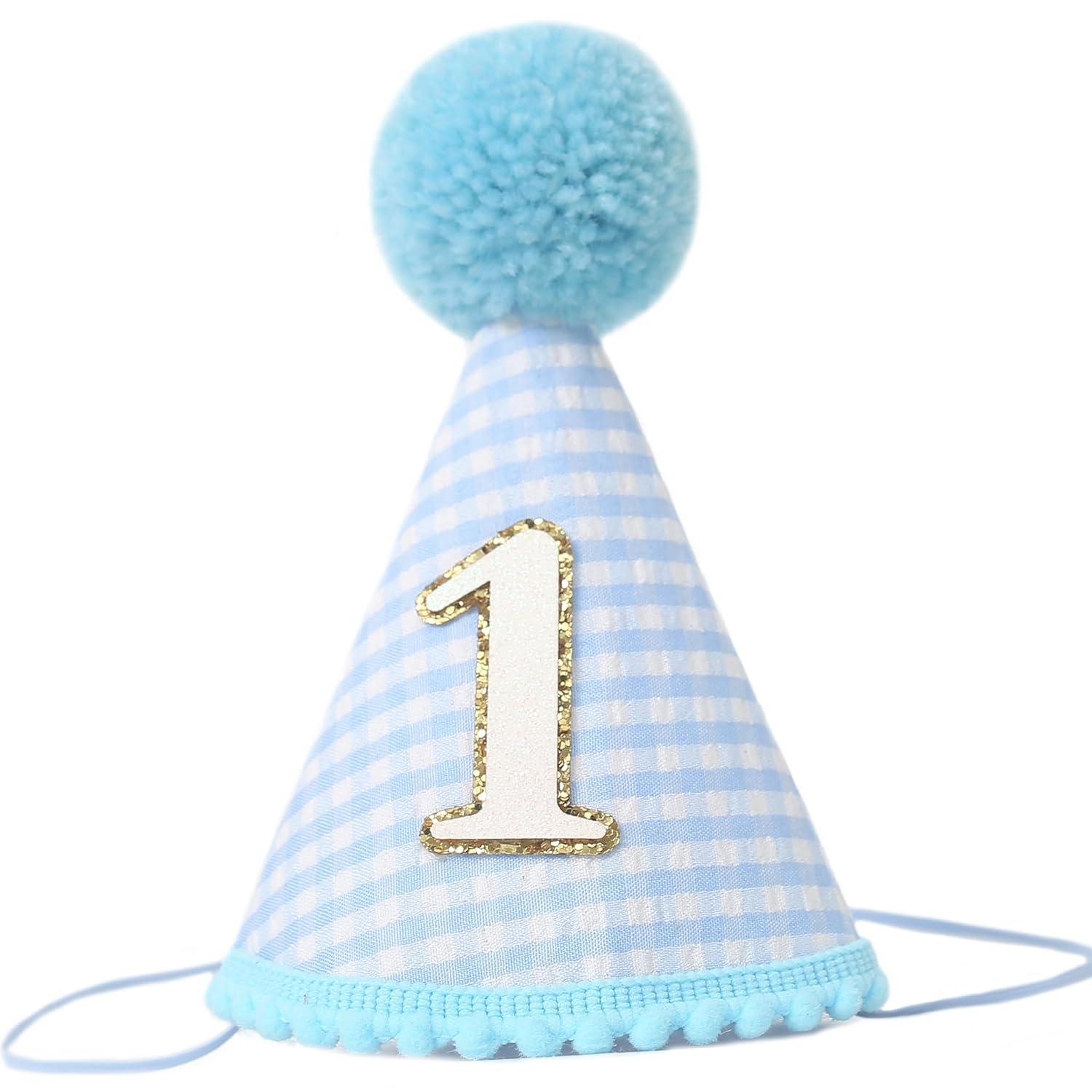Amscan 250959 1st Birthday Blue Pom Pom Child's Party Hat, 1ct