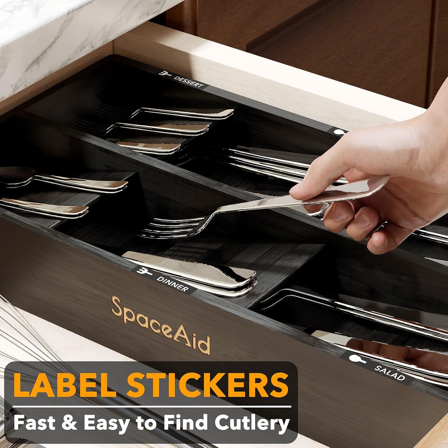 Bamboo Silverware Drawer Organizer with Labels - Kitchen Utensil Tray Holder for Flatware, Cutlery, Spoons, and Knives,Slots