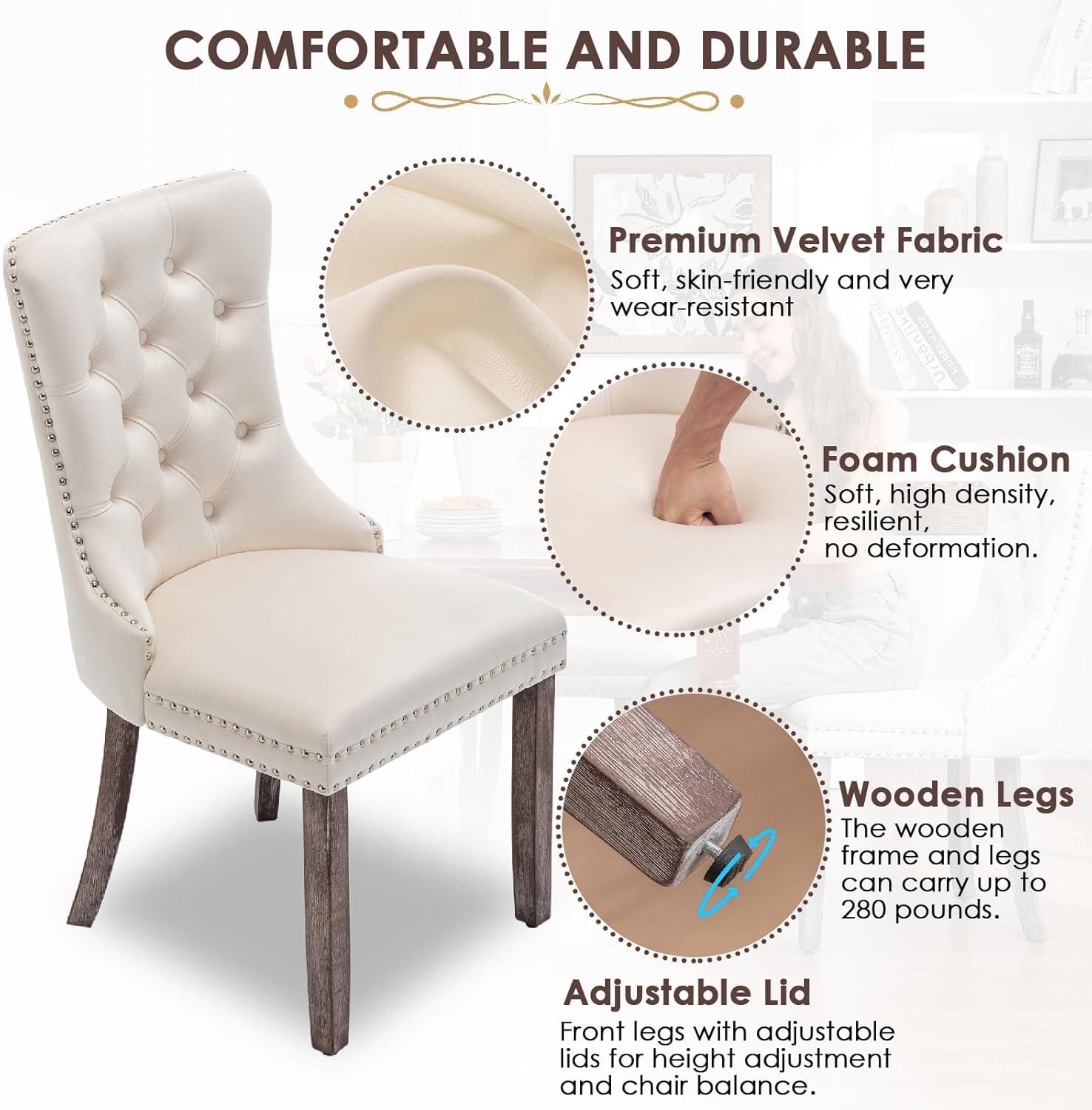 BELLEZE Upholstered Dining Chairs Set of 2, Velvet Luxury Dining Room Chairs with Button Back, Nailhead Trim, Pull-ring, Solid Wood Legs for Kitchen, Living Room, Restaurant - Chandler (Beige)