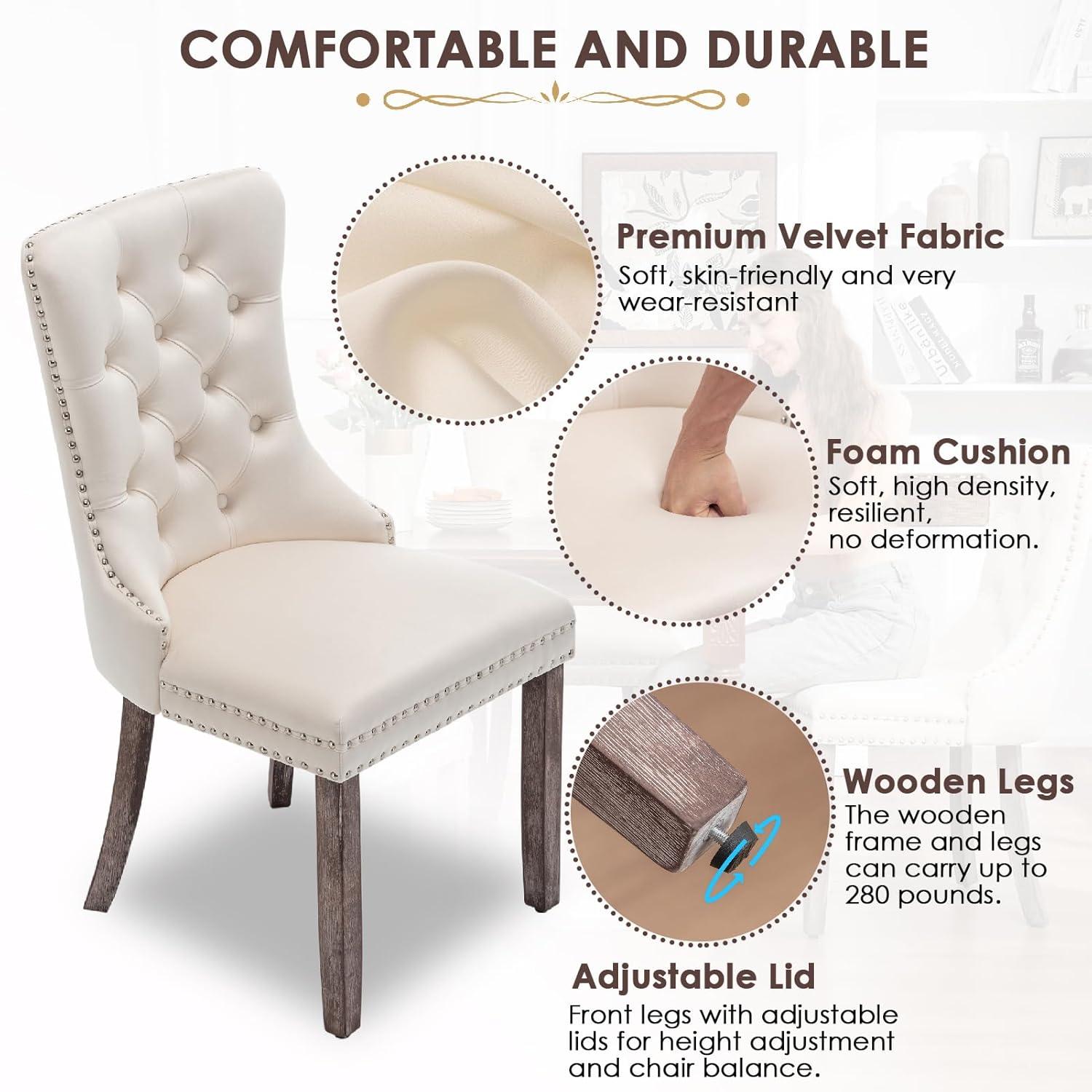 SoarFlash Velvet Dining Chairs Set of 4, Tall Back Side Chair, Modern Upholstered High-end Tufted Side Chair with Button Back Ring, Solid Wood Legs (Beige)