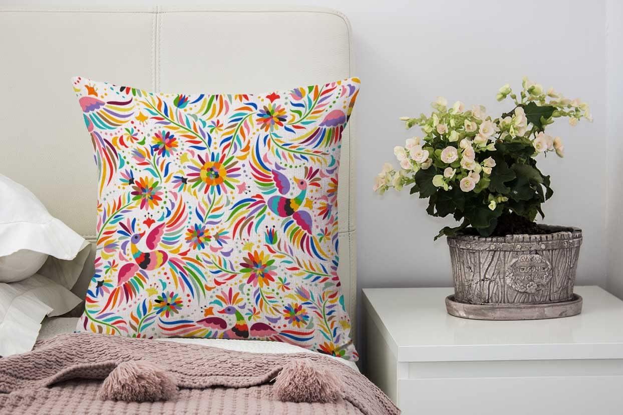 Nphuriy Mexican Floral Decorations Pillow Cover Ethnic Art Birds and Paisley Flowers Farmhouse Decor Throw Pillow Cases Cushion Cover 16 x 16 Inch Home Decoration