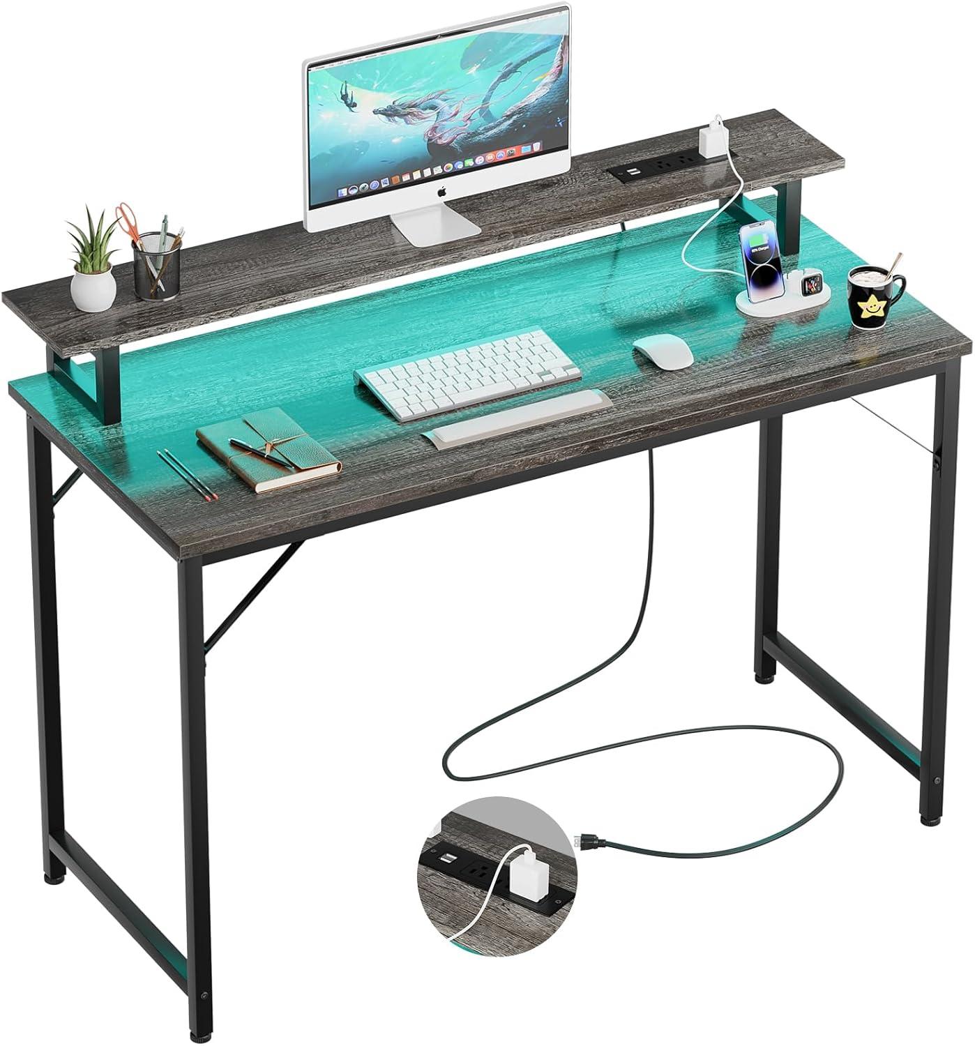 Ktaxon Gaming Desk with 2 Power Outlets&USB, Computer Desk with 15 Adjustable Light, Study Writing Table with Large Desktop, for Home&Office, Black