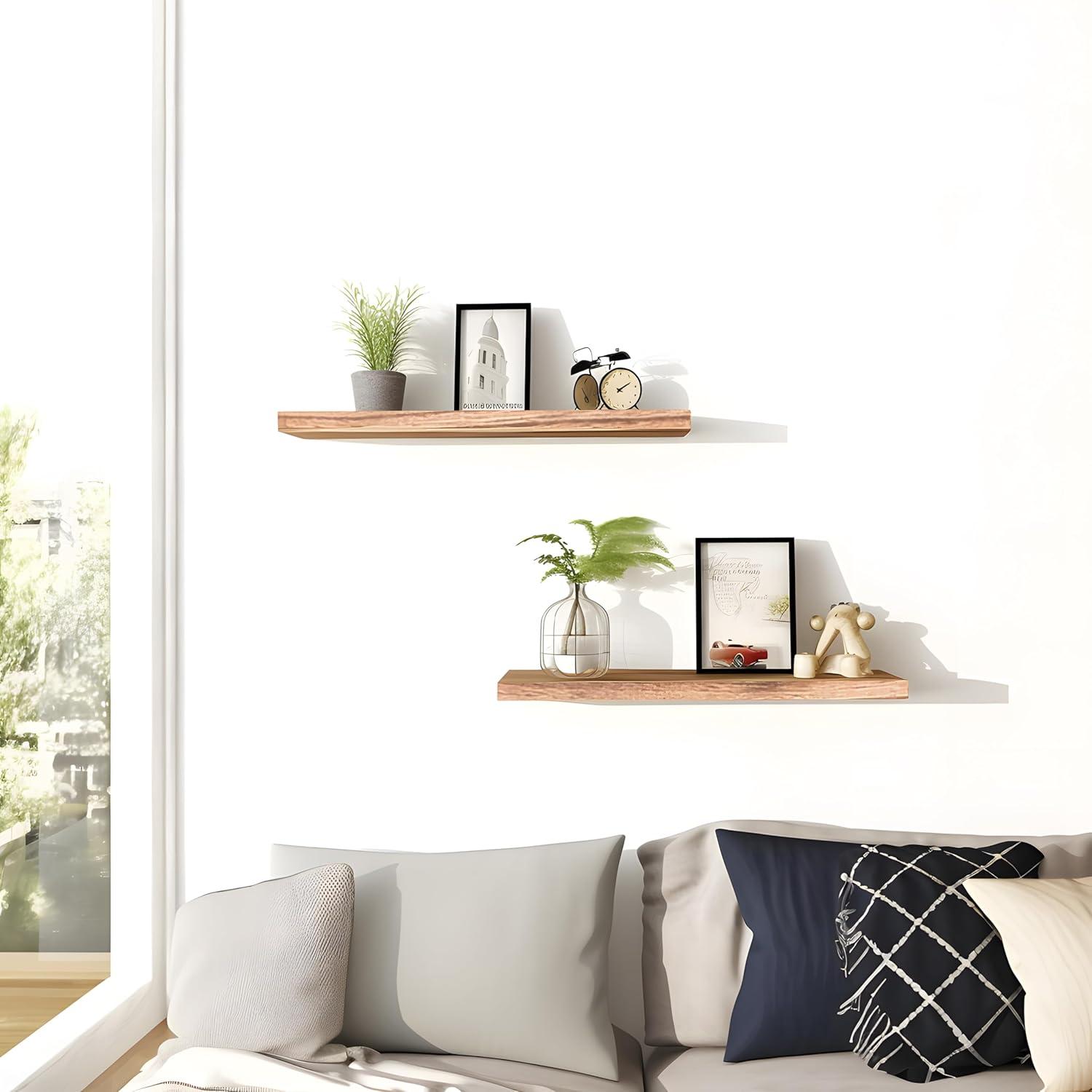 Set of 6 Light Brown Wooden Floating Wall Shelves