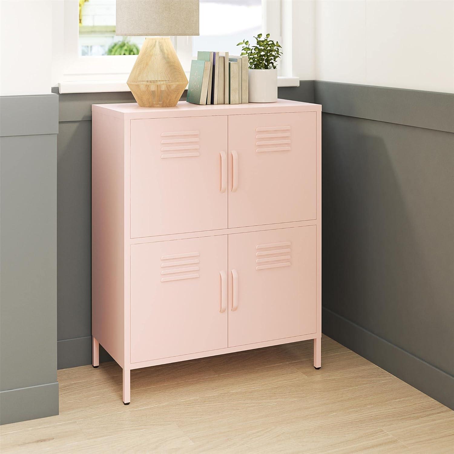 RealRooms Shadwick 4 Door Metal Locker Style Accent Storage Cabinet, Pale Pink