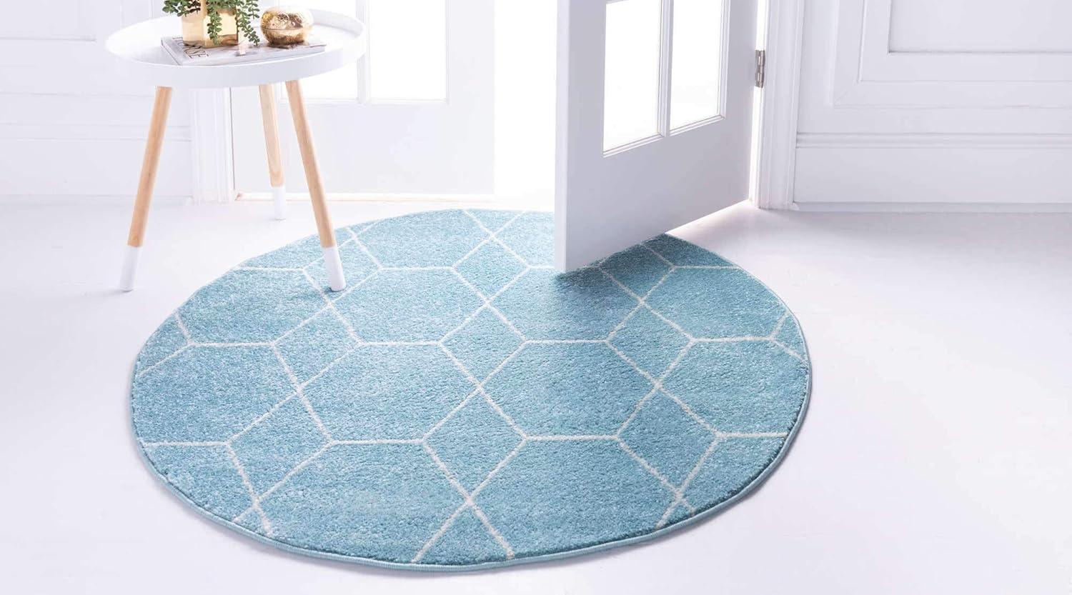 Light Blue Round Synthetic Trellis Easy Care Rug