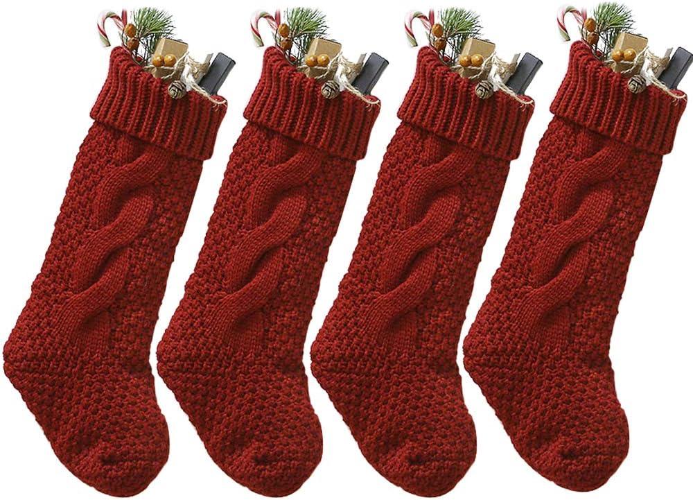 Burgundy and Cream Cable Knitted Christmas Stockings, 18 Inches, Set of 4