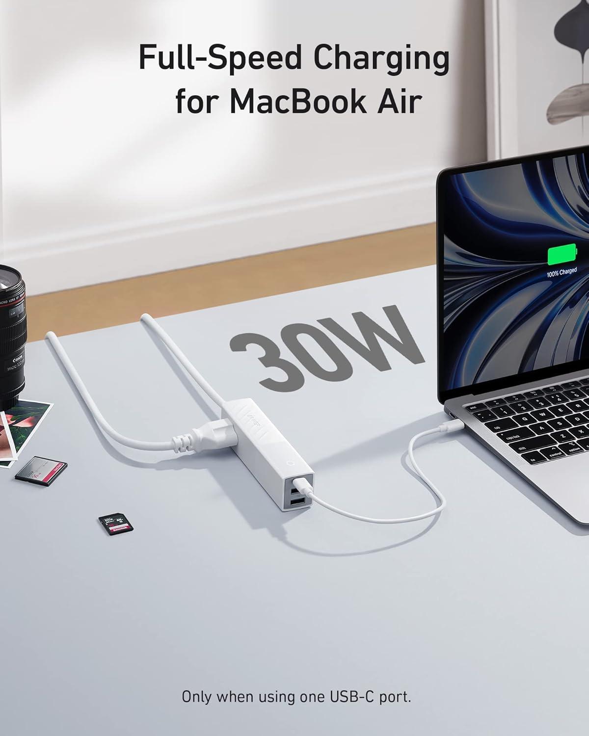 White Portable USB-C Power Strip with 2 Outlets and 3 USB Ports